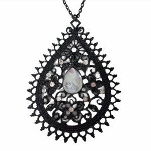 Black  Metal Teardrop Sweater Necklace Rhinestones